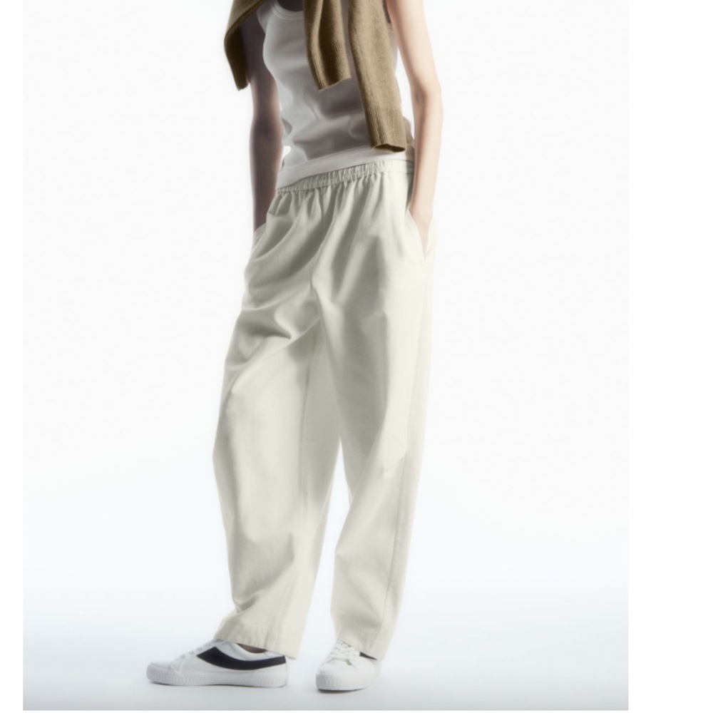 COS Cream Wide-Leg Elastic Waist Trousers
